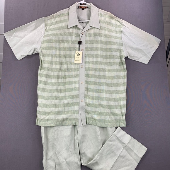 NWT VTG Inserch Italy Leisure Suit Mens 3XL Green Tea Washable Linen *Yellowing* - Picture 1 of 16